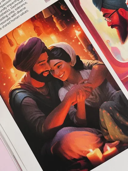 A close-up from my feature in Creative Gaga magazine, showing one of my favorite illustrations of a couple sharing a moment by candlelight. It was an honor to see my work that explores themes of Sikh love and togetherness highlighted in print.