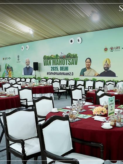 The setup for the Van Mahotsav 2025 event in Delhi, attended by government leaders. We proudly support and cater for significant state and environmental initiatives with sustainable menus.