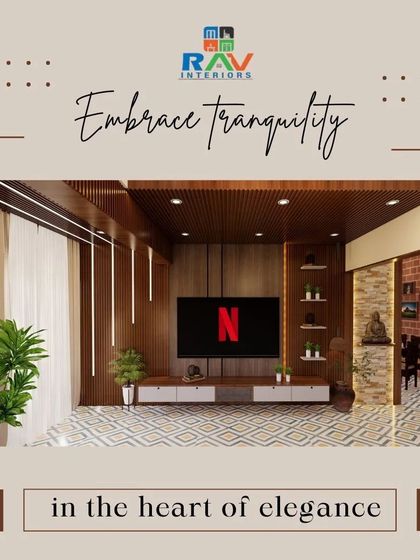 This TV unit is set in a family lounge area, featuring a wood-paneled wall, patterned flooring, and a tranquil Buddha statue, creating a space for relaxation.