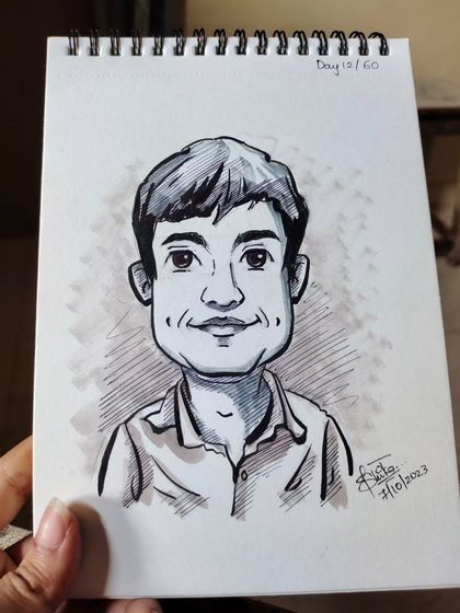 Another view of the caricature with dimples, showing the shading and line work.