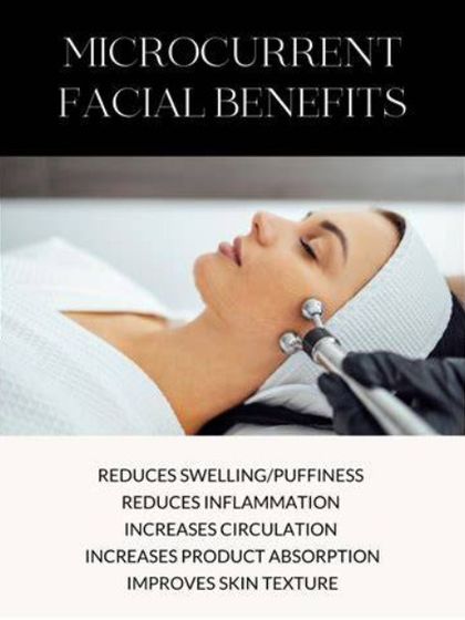 A microcurrent facial, as shown in this graphic, is a "natural" facelift that helps reduce puffiness, increase circulation, and improve skin texture by toning the facial muscles.