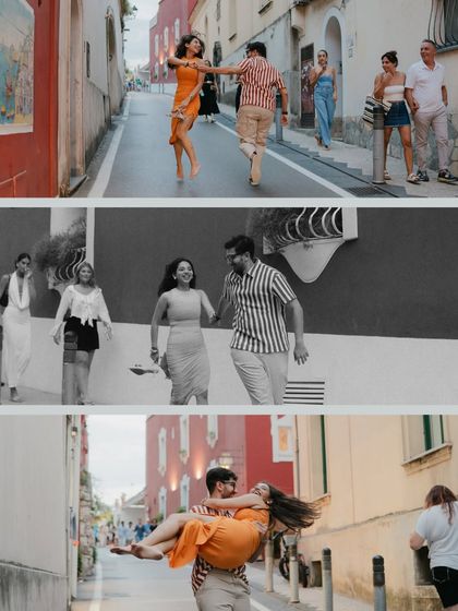 A collage of energetic and joyful moments on the streets of Italy. The couple is seen dancing, laughing, and being carried, capturing the fun and spontaneity of their relationship.