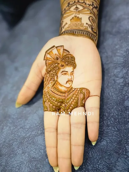 A detailed portrait of a groom in his wedding attire on the palm. I can create individual portraits of the groom or bride, focusing on capturing their likeness and the details of their outfit.