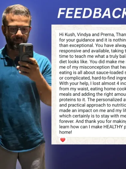 Chandan, an IT manager, lost 6.5 kgs and 4 inches from his waist. He learned to build balanced plates with protein and fiber, eating meals like chicken with roti and dal with rice. His testimonial shows how he learned to make healthy pizzas at home too.