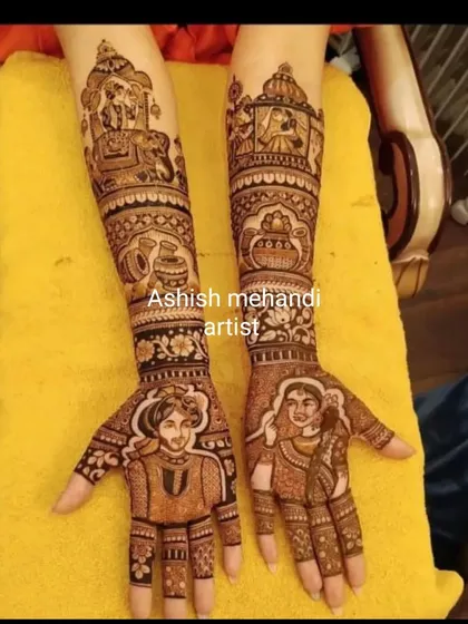 A beautiful storytelling mehandi with portraits of the couple on the palms and scenes from the baraat on the arms.