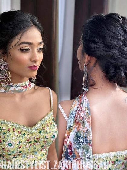 A dual-angle shot of the intricate braided updo, showing the detail from the side and back.