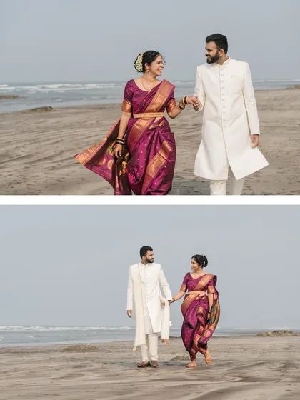 A playful walk along the shore. This series of shots captures the couple's movement and interaction, adding a dynamic and narrative quality to their destination wedding album.