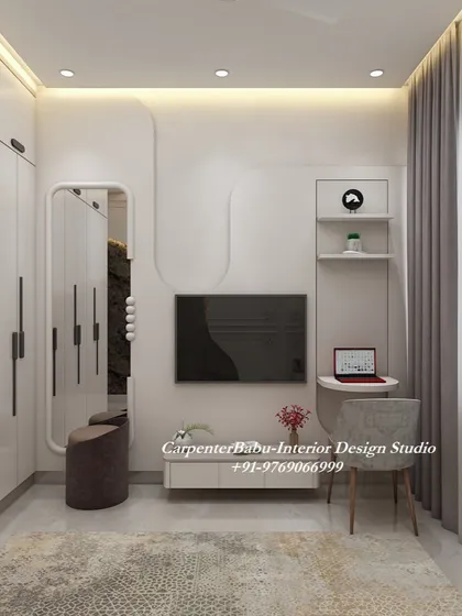 This compact bedroom is designed for maximum functionality, with an integrated TV unit, dressing mirror, and a small study desk. The wavy wall panel adds a soft, artistic touch.