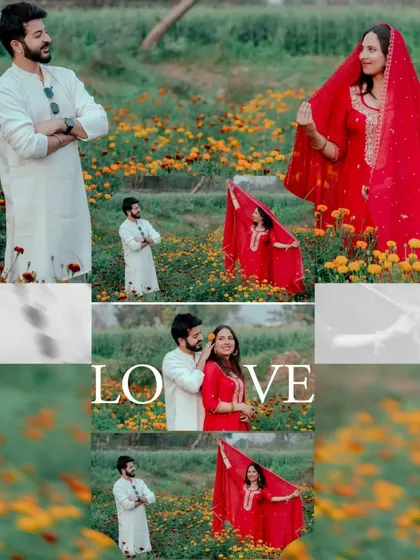 A collage showing a couple's romantic shoot in our flower field. The vibrant red of the bride's outfit against the yellow and green flowers creates a stunning visual.