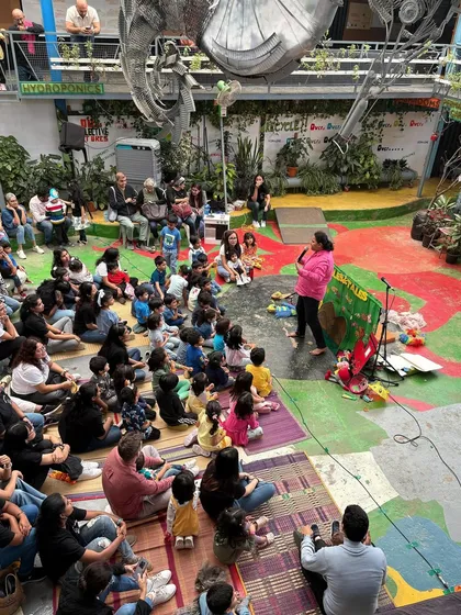 Performing for a huge crowd at the Papagoya school celebration. It's an incredible feeling to share my stories with so many families at once.