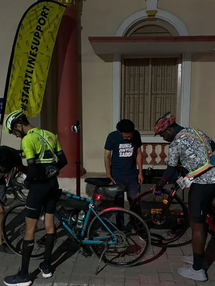 A rider gets a final bike check from our Start Line Support team. We believe in providing kick-ass technical support to ensure a safe and successful ride for everyone.