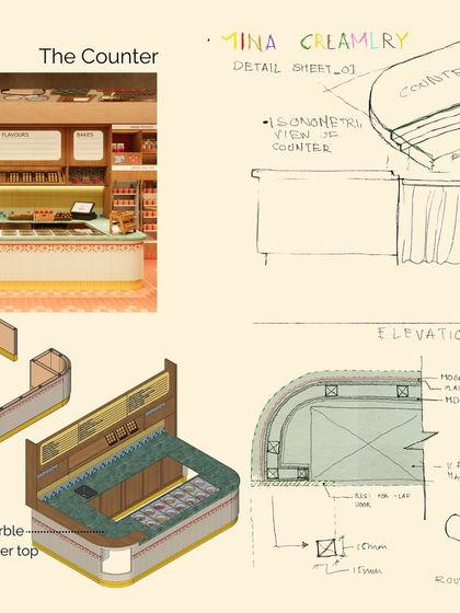 A detail sheet showing the design and elevation for the main counter at Mina Creamery. We use a combination of 3D renders, isometric views, and technical drawings to communicate our design intent clearly.