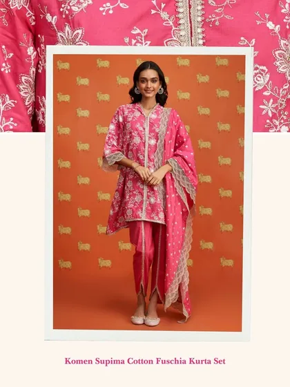 This Komen Supima Cotton Fuschia Kurta Set is for those who love bright colors. The dhoti style pants add a modern twist to this traditional outfit.