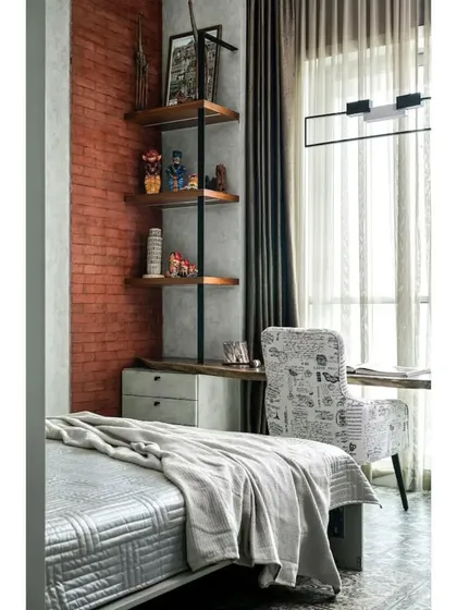 The room set up as a study, with a large bark wood desk overlooking the city. The industrial-style shelving and brick-textured wall add character to the workspace.