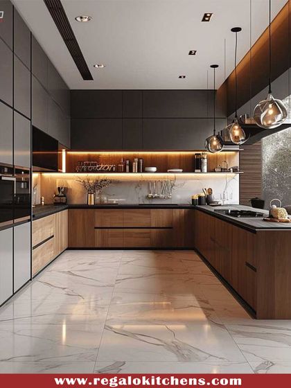 A luxurious U-shaped kitchen that combines dark wood, high-gloss grey, and a marble floor. The expansive layout offers plenty of room for cooking and movement, with pendant lights adding a decorative flair over the peninsula.