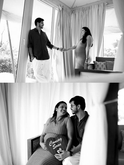 A black and white collage of an indoor session. The couple is seen holding hands by a window and sitting together with an announcement sign, capturing the quiet anticipation.