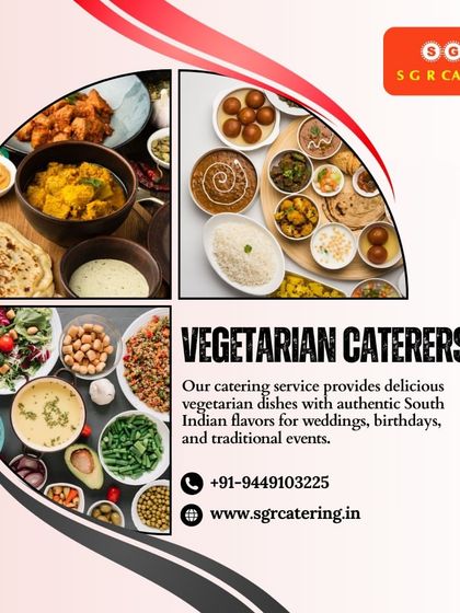 Our catering service provides delicious vegetarian dishes with authentic South Indian flavors for weddings, birthdays, and traditional events. This collage shows the wide array of food we offer.
