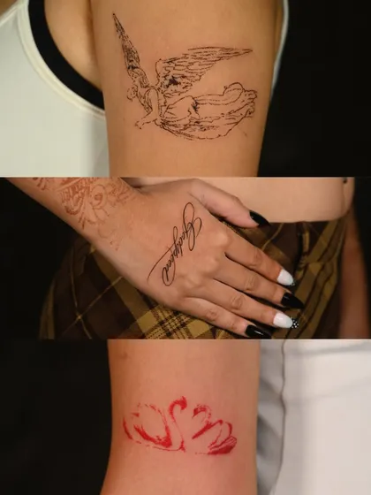 A collection of three personal and symbolic tattoos for Jasmine: a fine-line angel, a delicate script on her hand, and two abstract red swans.