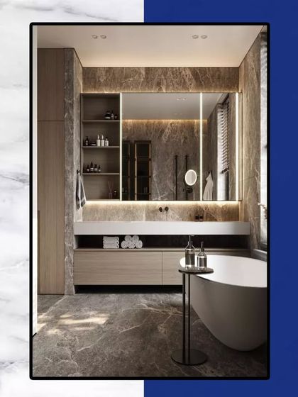 A design concept for a spacious, spa-like bathroom. It includes a freestanding bathtub, a large vanity with double sinks, and extensive use of marble, creating the ultimate luxury retreat.