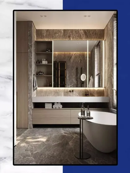 A design concept for a spacious, spa-like bathroom. It includes a freestanding bathtub, a large vanity with double sinks, and extensive use of marble, creating the ultimate luxury retreat.