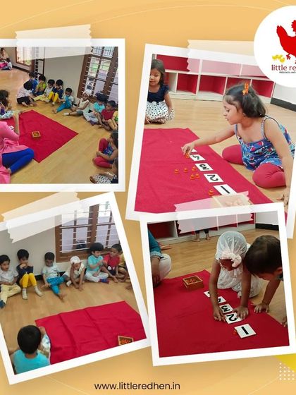 A collage of our "Number Ninjas" in action. We believe in making math fun, and these pictures show children fully engaged in activities that build their number and logic skills.