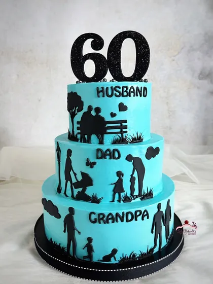 A three-tiered silhouette cake celebrating a man's journey as a husband, dad, and grandpa for his 60th birthday. Each tier tells a part of his beautiful story.