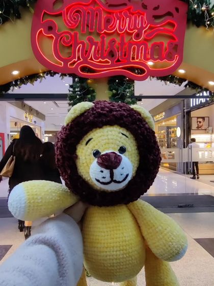 Taking my handmade lion plushie out for a Christmas adventure.