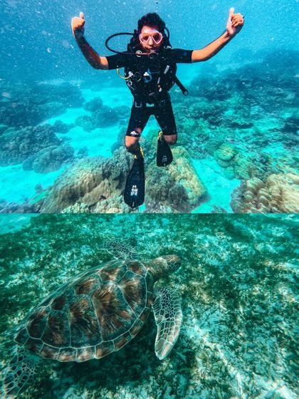 A split shot of me scuba diving and a sea turtle gliding through the water. Thailand's marine life is simply amazing.