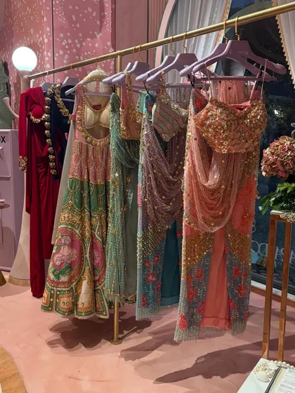 A rack of dreamy, embellished outfits at the Papa Don't Preach store. This is bridal and festive wear for the modern, unconventional woman.