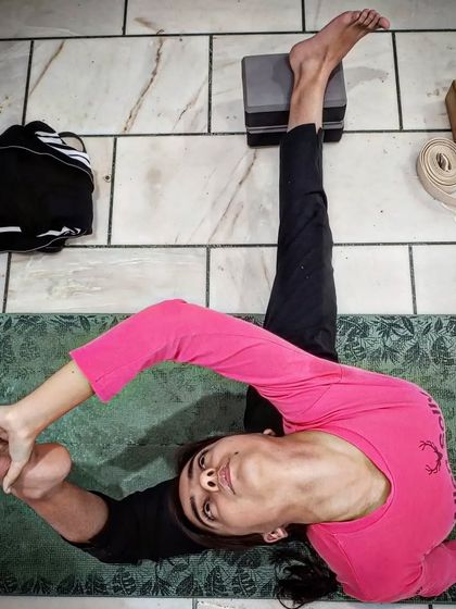 This is an advanced hip-opening posture, demonstrating incredible flexibility. Our classes help you work towards such asanas safely and progressively.