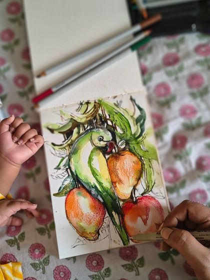 A super quick sketch of a parrot and mangoes, done for Ugadi while my little one was napping. Even a few minutes with my sketchbook is enough to recharge my creative batteries.