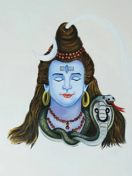A serene portrait of Lord Shiva, painted with acrylics on paper for Mahashivratri. This piece focuses on his calm, meditative aspect, complete with the crescent moon and serpent.