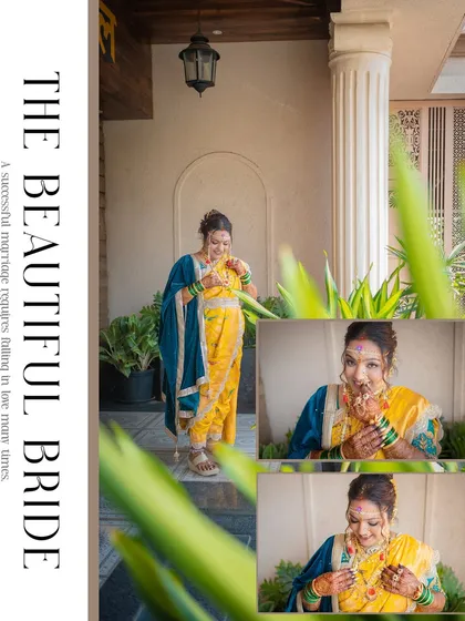 A collage celebrating the Maharashtrian bride in her bright yellow saree, capturing her playful and happy moments before the ceremony.