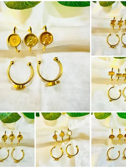 We offer a wide range of ring bases and earring hooks for your resin jewelry projects. This collage shows adjustable ring bases and various earring finding styles to suit any design.