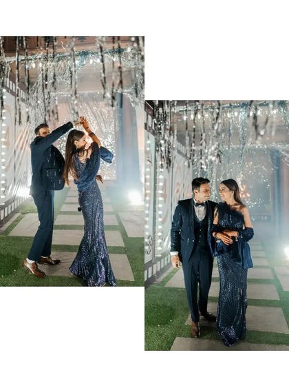 A collage showing the couple's dance moves, framed by a tunnel of sparkling lights at their cocktail event.