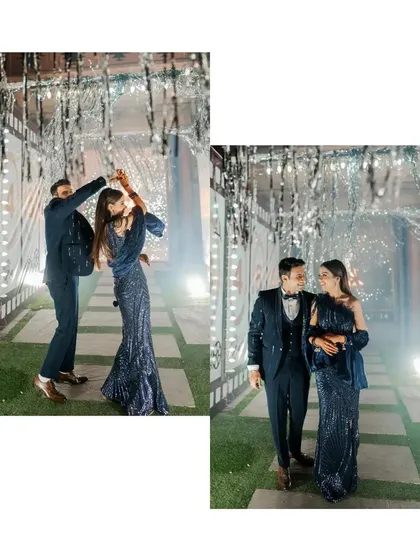 A collage from a glamorous cocktail party, showing the couple dancing and enjoying the sparkling, elegant atmosphere.