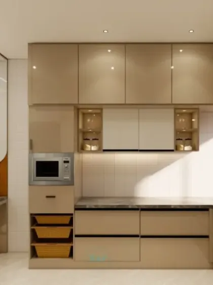 This L-shaped modular kitchen render showcases excellent storage solutions, including wicker baskets for vegetables and ample overhead cabinets. The beige and black color scheme is both modern and timeless.