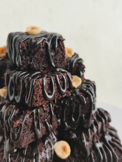 Another angle of the delicious Brownie Tower. Each brownie bite is perfectly rich and chocolatey.