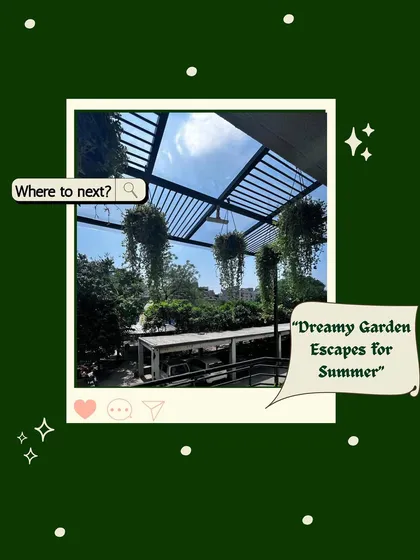 This image, part of a series on summer escapes, shows a dreamy garden with hanging plants under a pergola. It represents the kind of aspirational, lush environment I love to create for my clients to enjoy.