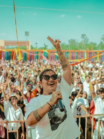 Another shot of me interacting with the huge Holi crowd, creating a fun and inclusive atmosphere.