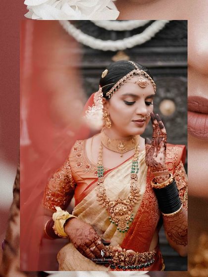 A collage focusing on the bride's expressive eyes and hands, adorned with traditional jewelry and henna.