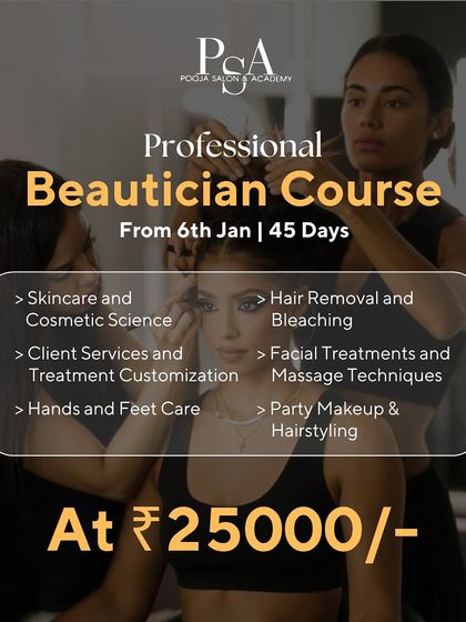 My professional beautician course is a 45-day program that covers skincare science, client customization, facial treatments, and basic party makeup and hairstyling to give you a strong foundation.