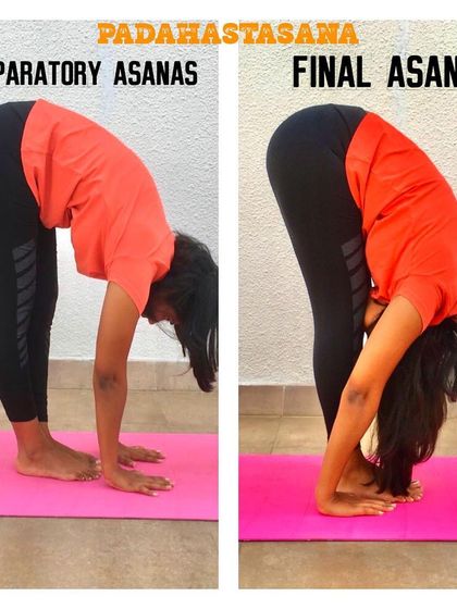 A demonstration of the preparatory and final stages of Padahastasana. This forward bend stretches the entire back of the body and stimulates abdominal organs to improve digestion.