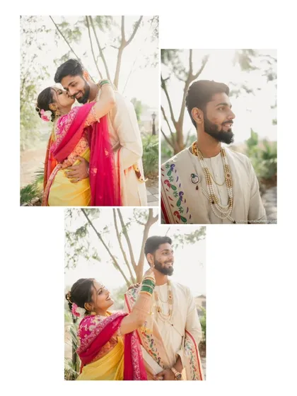 A collage from a shoot in Pune, capturing candid and happy moments. The groom's proud expression and the bride's playful interactions show the fun and love they share, all while dressed in stunning traditional wear.