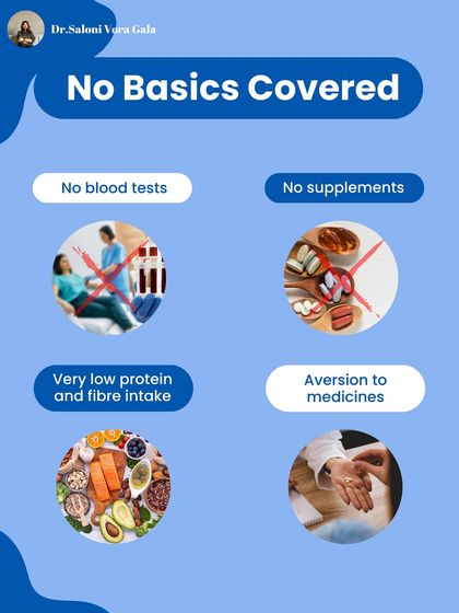 The initial assessment showed that basic health markers were being missed. There were no prior blood tests, no supplements for deficiencies, and a diet very low in protein and fibre. A holistic approach was needed to cover these foundational gaps.