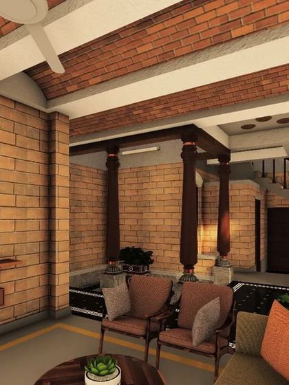 A render of the living room in the Mysore CSEB house. It visualizes how the texture of the exposed earth blocks, the warmth of the wooden pillars, and the patterns of the flooring come together to create a cohesive and inviting interior.