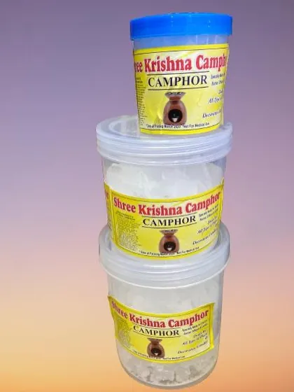 We offer pure camphor, or kapoor, in various sizes to suit your needs. This image shows our 100gm, 250gm, and 500gm containers, perfect for use in electric diffusers to create a spiritual and purifying atmosphere.