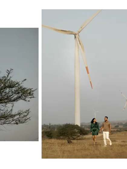 A collage showing the couple walking in a field with windmills in the background. It adds a unique, modern element to a rustic, natural setting.