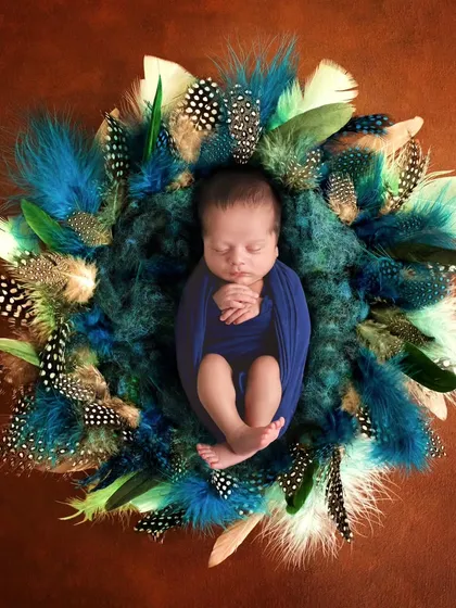 A striking composition of a newborn wrapped in blue, surrounded by a wreath of blue and green feathers.