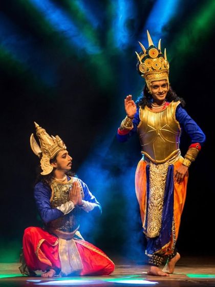 Another powerful moment between Krishna and Arjuna, showcasing the blend of dance and drama that defines the production. My goal is to make these iconic characters relatable and their dilemmas resonant.